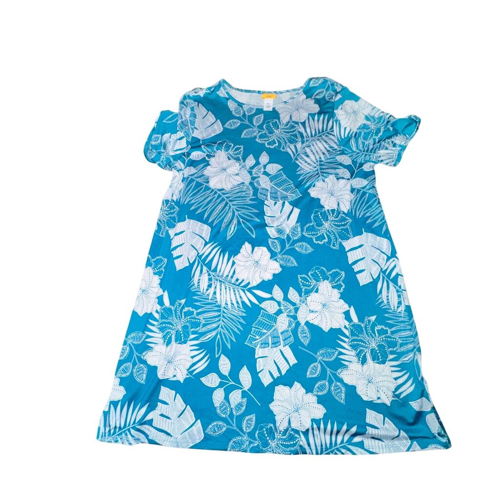 Ruby Rd Knee Length Dress Women Sz PXL Turquoise Floral Puff Print Tropical S/S